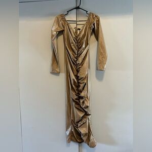 PrettyLittleThing -  Shimmering Tan Long Sleeve Plunge Gown (Size 10)